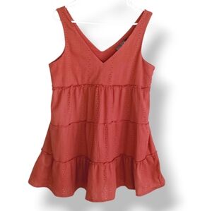 Midnight Doll Coral Eyelet Mini Dress Babydoll Tiered Ruffle Bohemian Red Pink